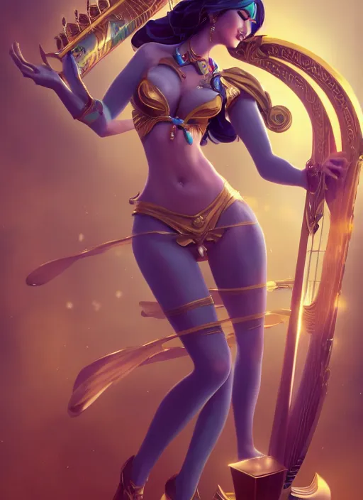 Image similar to sona, from league of legends, with an harp, hyper detailed, digital art, trending in artstation, cinematic lighting, studio quality, smooth render, unreal engine 5 rendered, octane rendered, art style by klimt and nixeu and ian sprigger and wlop and krenz cushart