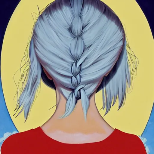 Image similar to beautiful young blonde woman from behind with flames in her hands, high detail, realistic, symmetrical face, art by studio Ghibli art