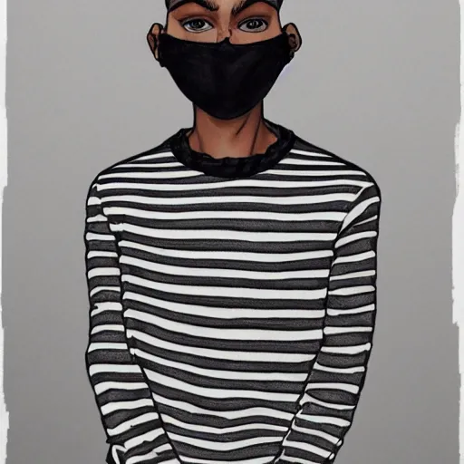 Prompt: professional pencil sketch of a full-body view of a young adult man with short hair wearing a black face mask, a striped long-sleeved shirt, and ripped skinny jeans, high quality, HD, 8K, highly detailed, award-winning