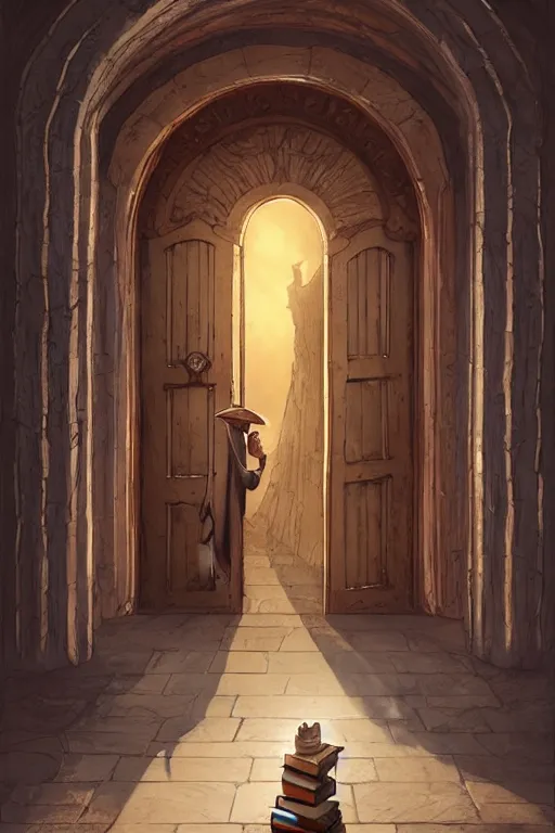 Image similar to an old wizard holding a book stands in front of an elaborate arched wooden door. stone steps lead up to the door. by mike allred and moebius and karol bak sharp digital painting. dreaming latent space. matte painting, concept art. artstation. digital render. realistic, 8 k