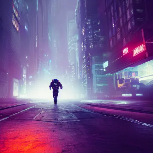 Image similar to astronaut wandering around a cyberpunk dystopian gotham city, 3d 8k render, foggy and atmospheric, night, starry sky, glowing lights, photorealism, unreal engine,