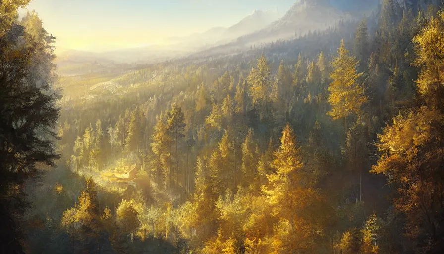 Prompt: view from a balcony overlooking a forest valley, highly detailed, sunny, blue sky, cinematic lighting, highly angle, godrays, volumetric, photorealistic, digital art painting by greg rutkowski