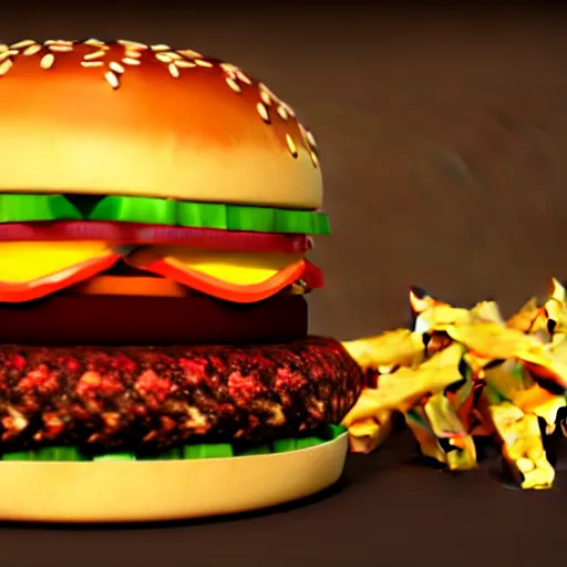 Image similar to a cat / burger hybrid, with fries, volumetric lighting, 4 k