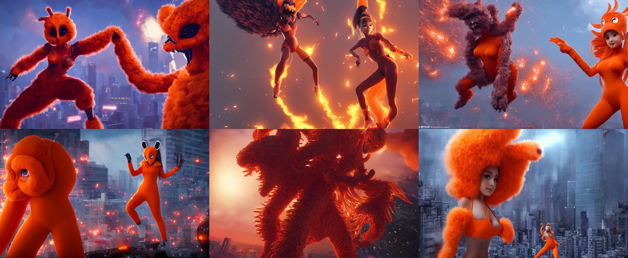 Prompt: ultrarealistic giant ariana grande wearing orange monster chicken suit ultimate attack in tokyo by yusuke murata, explosions, octane render, character concept art, movie action still frame, cinematic lighting, volumetric lighting, extreme intricate details, artstation, dnd art, cgsociety, sharp focus, ultra wide angle, digital painting by artgerm, gerald brom, wlop