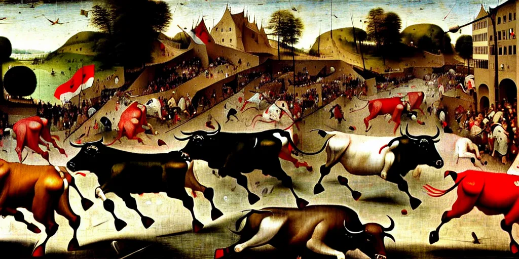 Image similar to the running of the bulls in pamplona, hundreds of people are fleeing from rampaging bulls in the city streets, art by hieronymus bosch, intricate, elegant, highly detailed, smooth, sharp focus, artstation