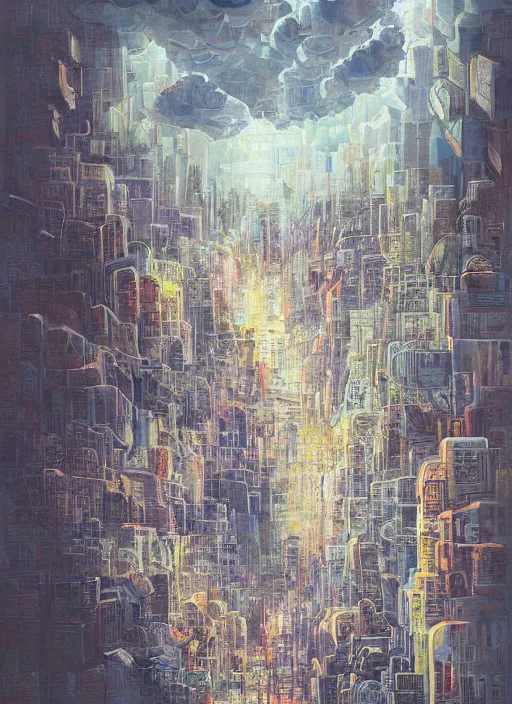 Image similar to a beautiful painting by oliver vernon of a glitched city behind clouds, realistic colors