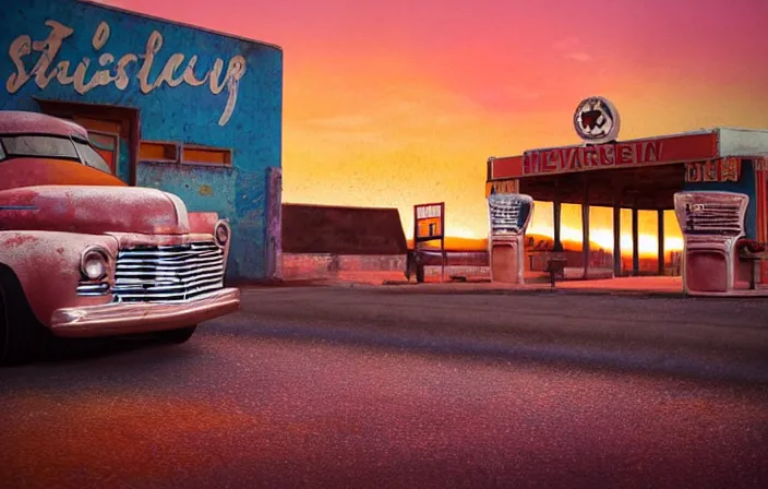 Image similar to a sunset light landscape with historical route 6 6, lots of sparkling details and sun ray ’ s, blinding backlight, smoke, volumetric lighting, colorful, octane, 3 5 mm, abandoned gas station, old rusty pickup - truck, beautiful epic colored reflections, very colorful heavenly, softlight