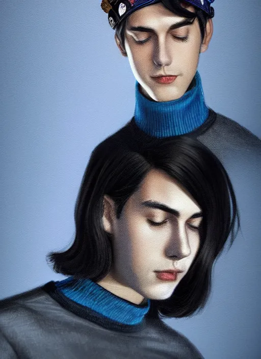 Image similar to portrait of teenage jughead jones wearing a light grey crown, crown, blue turtleneck, 1 9 5 0 s, closed eyes, photorealistic, black hair, glowing lighting, intricate, elegant, glowing lights, highly detailed, digital painting, artstation, concept art, smooth, sharp focus, illustration, art by wlop, mars ravelo and greg rutkowski