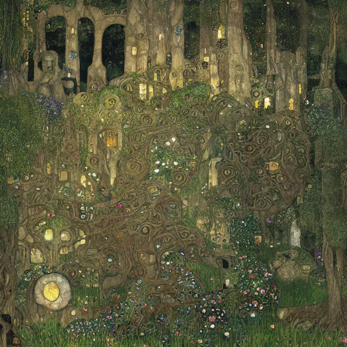 Image similar to ancient overgrown! ruins, medieval gates, runestones, mysetrious etherial mesmerizing runic!! cat eyes, magical elven geometry, concept art by gustav klimt!, deviantart contest winner, environmental art, fairy circle, high detail, intricate masterpiece