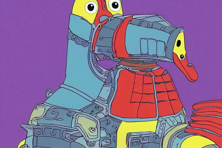 Image similar to illustration of a heavily armoured mechanical duck by studio ghibli, ominous, vivid colors, colorful