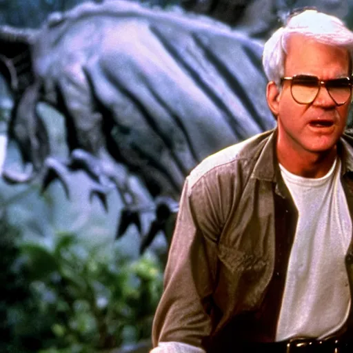 Prompt: steve martin in jurassic park, 4 k hd film still