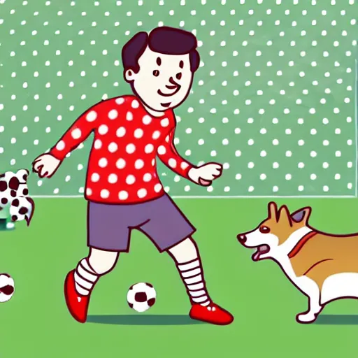 Image similar to illustration of french boy in paris playing football against a corgi, the corgi is wearing a polka dot scarf