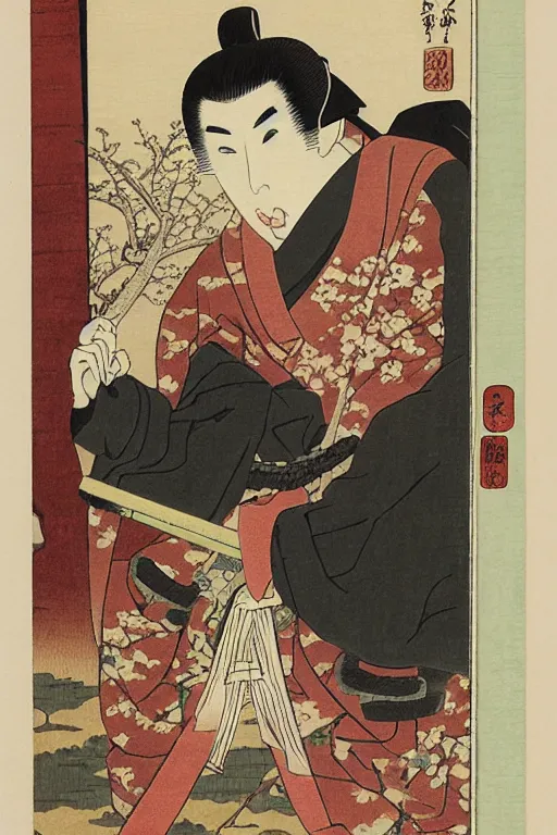 Prompt: Japanese woodblock print of Bib fortuna holding a samurai sword, Cherry Blossom, Hokusai