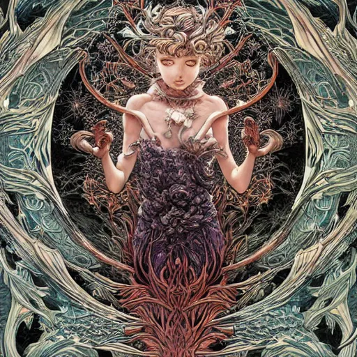 Prompt: of intricate and detailed frozen flower, symmetrical, by yoichi hatakenaka, masamune shirow, josan gonzales and dan mumford, ayami kojima, takato yamamoto, barclay shaw, karol bak