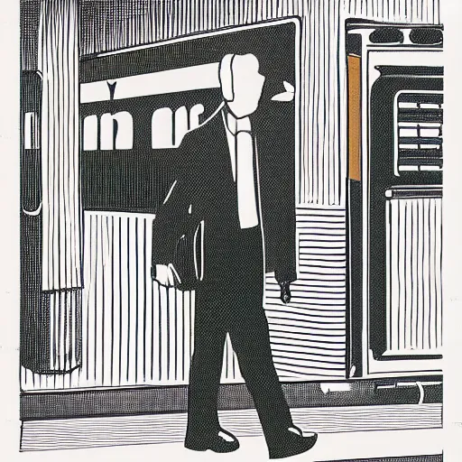 Image similar to a risograph print of a man walking into a New York City subway station