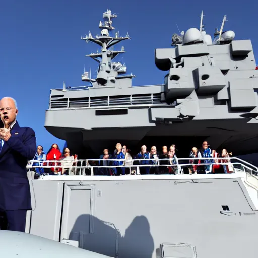 Prompt: Joe Biden on an aircraft carrier giving a speech, HD, 8K photo