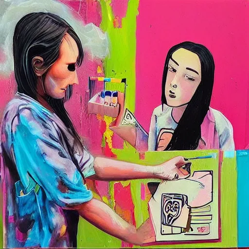 Image similar to “tall queer woman with long pink hair and a tall emo girl feeding Australian $50 notes to a weedy pig, capitalism, acrylic and spray paint and oilstick on canvas, neoexpressionism”