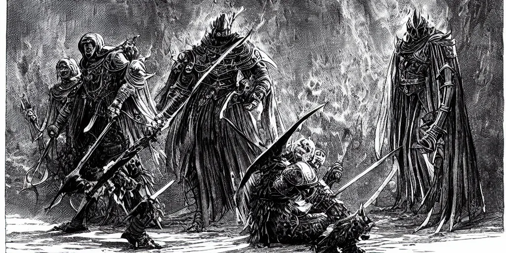 Image similar to dark souls dramatic boss encounter, pen-and-ink illustration by Franklin Booth, fish eye lens