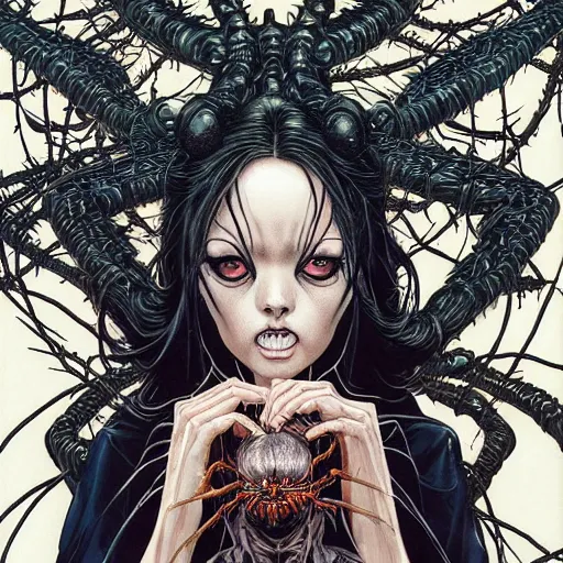 Image similar to portrait of crazy dark girl with spiders around, symmetrical, by yoichi hatakenaka, masamune shirow, josan gonzales and dan mumford, ayami kojima, takato yamamoto, barclay shaw, karol bak, yukito kishiro