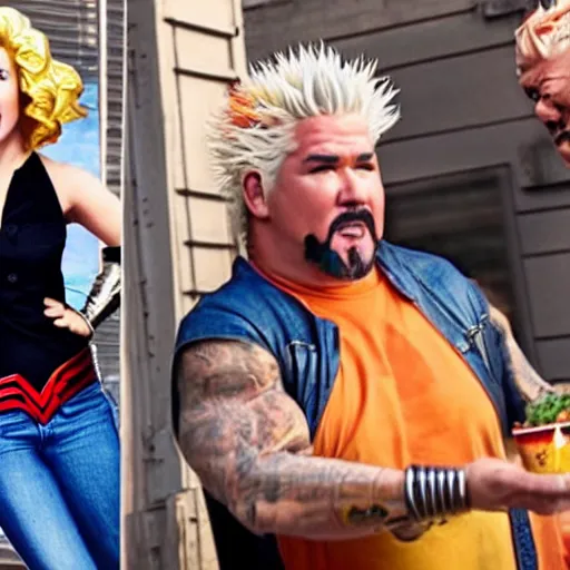 Image similar to Cinematic movie still of Flavortown Market, Wonder Woman cosplaying as Guy Fieri in Flavortown Market but it\'s actually Guy Fieri that\'s cosplaying as Gal Godot