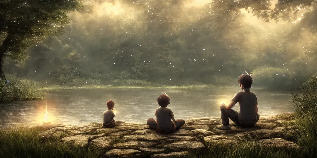 Image similar to a big silver dragon and a boy sitting next to lake in forest, many fireflys, at night, concept art, dof, cryengine, digital art, detailed background, makoto shinkai