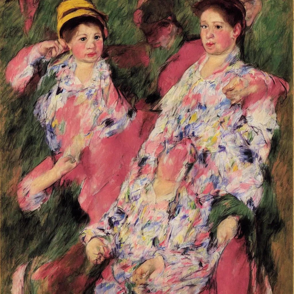 Prompt: a funny person wearing exaggerated makeup and colorful oversized garments, full body portrait, at a birthday party, mary cassatt, oil on canvas