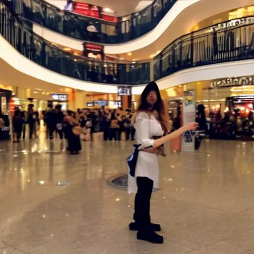 Image similar to security camera footage of a witch performing a complex ritual in the middle of a mall, eerie light