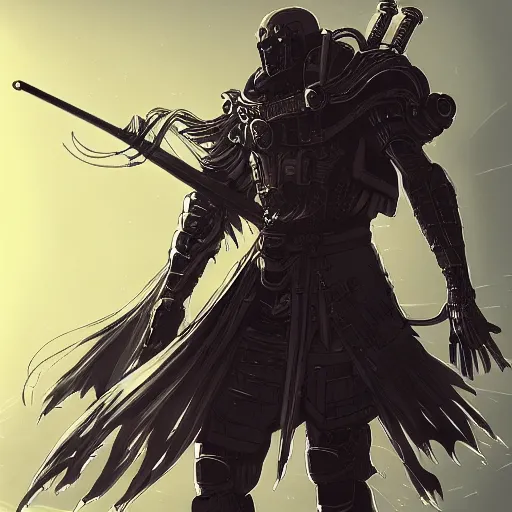 Prompt: a cyberpunk giant, menacing, spear, wearing a cloak, full body view, front shot, anime art, highly detailed