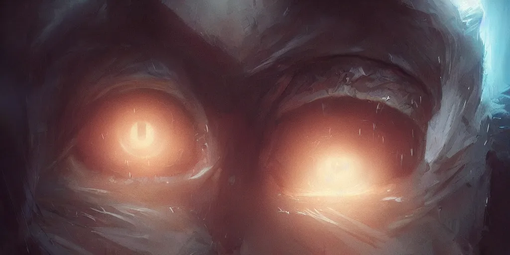 Prompt: Eyes of a frightening creature, photorealistic, rays of light coming from the ceiling, Greg rutkowski, artstation
