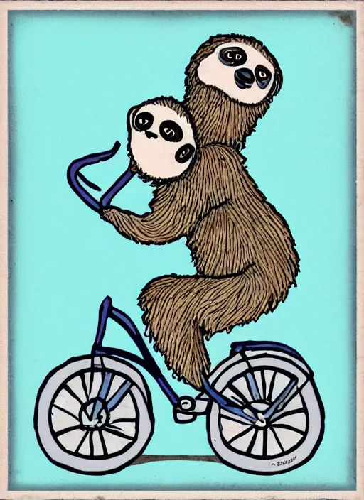 Image similar to drawing of a sloth urban outfitters style riding a bike going to the beach