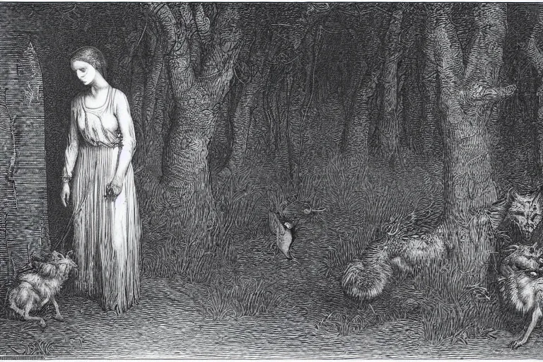 Image similar to werewolf in the garden hunting young french woman, Gustave Dore lithography