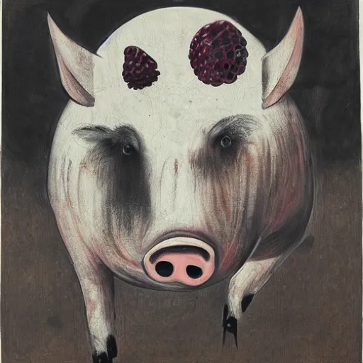 Prompt: “pig paintings and pig sculptures in a pig art gallery, pork, ikebana white flowers, white wax dripping, squashed raspberry stains, charcoal on paper, by munch and Dali”