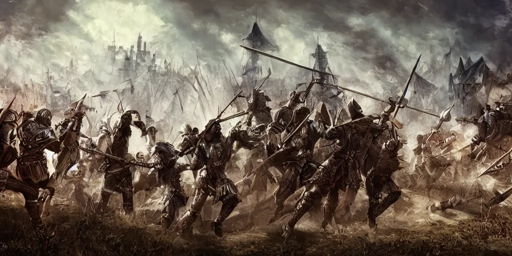 Prompt: medieval siege warfare, apocalyptic fantasy, mmo, digital art, 4 k