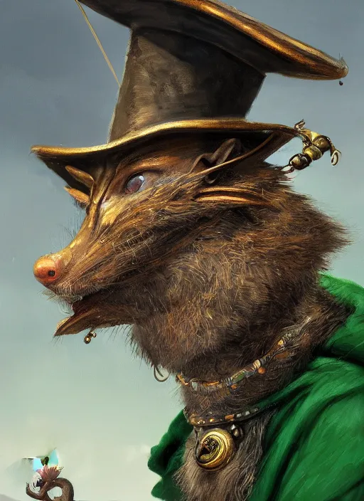 Image similar to humanoid rat with beard, serious, mean eyes, wearing jewelry, tricorne hat, green robe, D&D, digital art, detailed face, highly detailed, trending on artstation, 4k, sea in the background, art by greg rutkowski