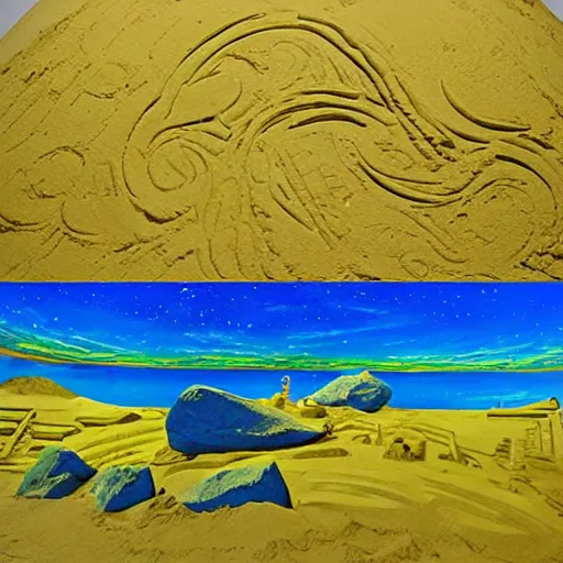 Image similar to A beautiful land art of a space battle with wild, bright colors. sand sculpture, lime green by Frederic Church, by Amiet Cuno accurate