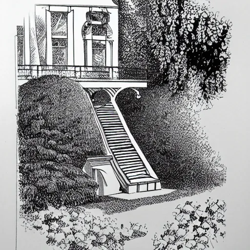 Image similar to old white house small stairs into lush garden, drawing moebius