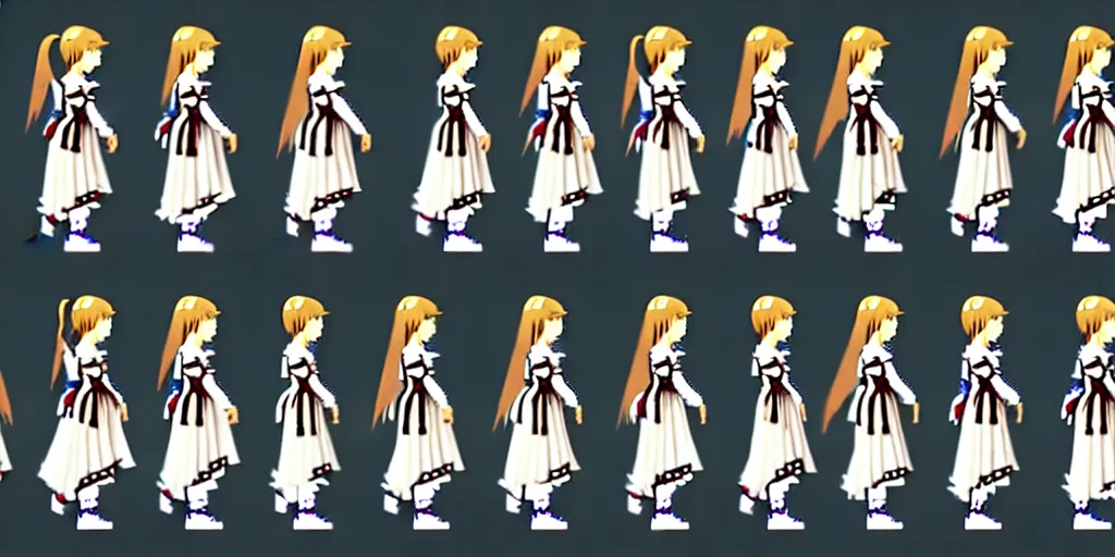 Image similar to walking cycle sprite sheet of a girl in a renaissance dress, walking to the right, each sprite is a different frame of the animation, in the style of final fantasy games, side view of her taking steps, accurate walk cycle, walk cycle, walk cycle, peasant clothes, always wearing the same clothes