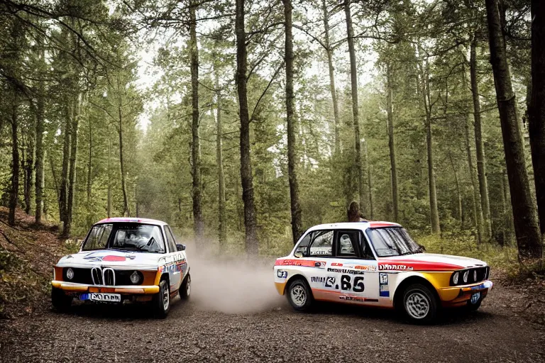 Image similar to A BMW 2002 rally car driving past a swedish village in the woods, high-speed sports photography