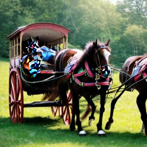 Prompt: Carriage Being Pulled by Humans and Driven by Horses