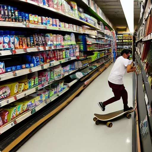 Prompt: A photograph of a guy on a skateboard grinding over the checkout aisle at a Lowe's