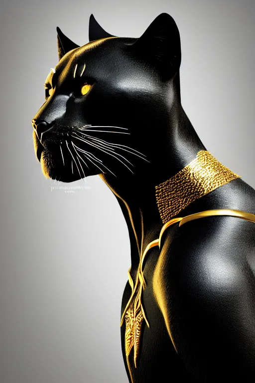 Prompt: Portrait of a black panther, elegant, photorealistic, highly detailed, artstation, smooth, sharp focus, gold ornaments, neon lighting, sci-fi, art by Klimt