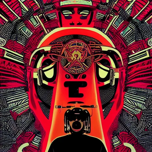 Image similar to !dream Illustrated by Shepard Fairey and H.R. Geiger | Cyberpunk Samurai with VR helmet, surrounded by cables