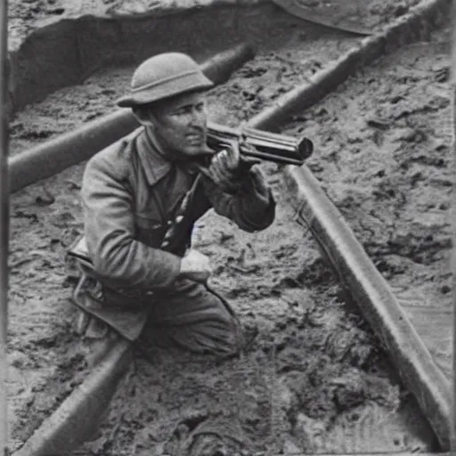 Image similar to A photo of a man in a muddy trench with a Colt revolver. Black and white, grainy, WW2 photo.