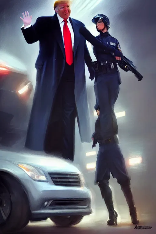 Image similar to donald trump being handcuffed by a police officer front of a police car, elegant, real life skin, intricate, high detailed, artstation, concept art, smooth, sharp focus, art by artgerm and greg rutkowski