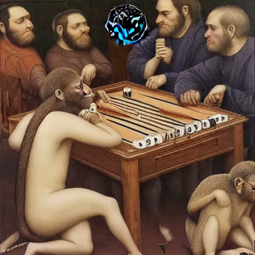 Image similar to churning versacci, starbucks by dino valls, by louis icart. a beautiful painting of a group of monkeys playing backgammon. the monkeys are seated around a table, with some of them appearing to be deep in concentration while others appear to be playing more casually.