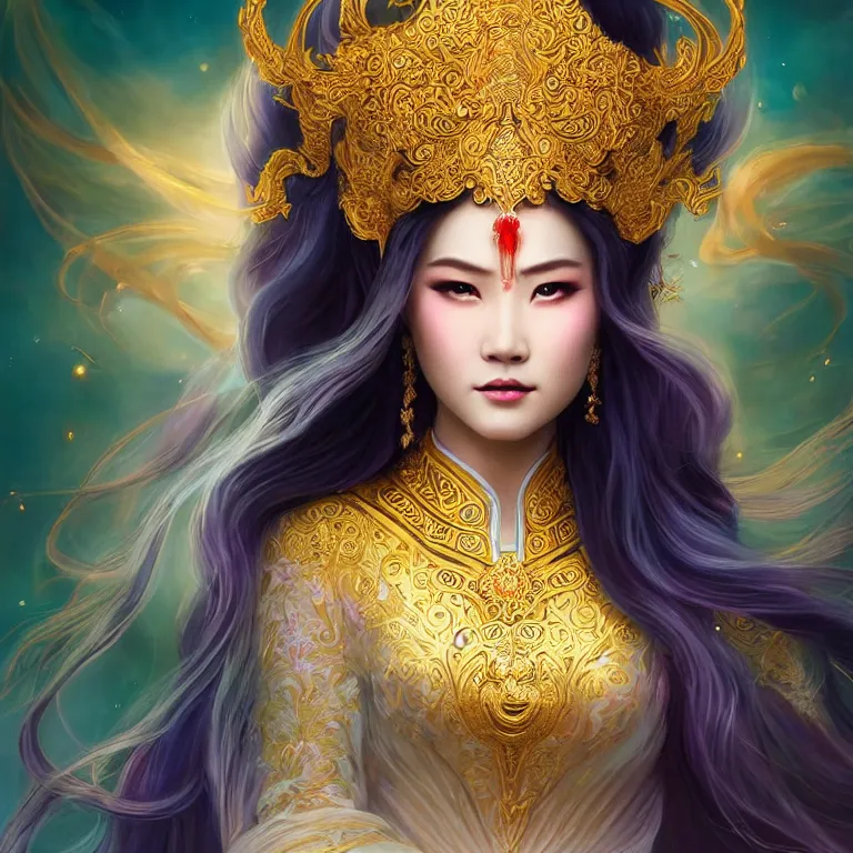 Image similar to beautiful cinematic fantasy poster, a beautiful vietnamese goddess wearing an ornate ao dai with flowing illuminated hair, beautiful glowing galaxy eyes, wideshot ultrawide angle epic scale, hybrid from The Elden Ring and art direction by Darius Zawadzki ;by artgerm; wayne reynolds art station; cinematic quality character render; low angle; ultra high quality model; production quality cinema model;