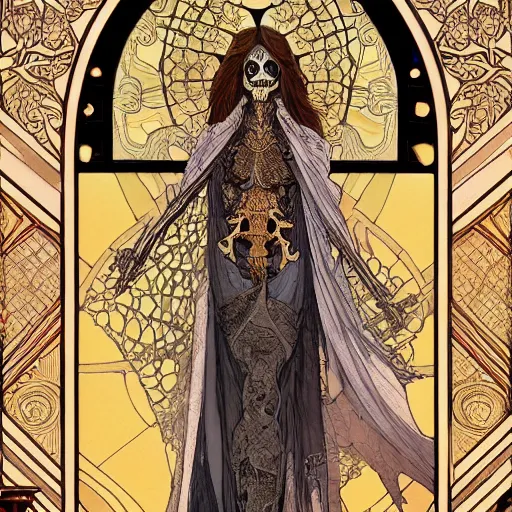 Image similar to a skeleton in a cloak, highly detailed, very intricate, art nouveau, gold filigree, tarot concept art watercolor illustration by mandy jurgens and alphonse mucha and alena aenami, featured on artstation