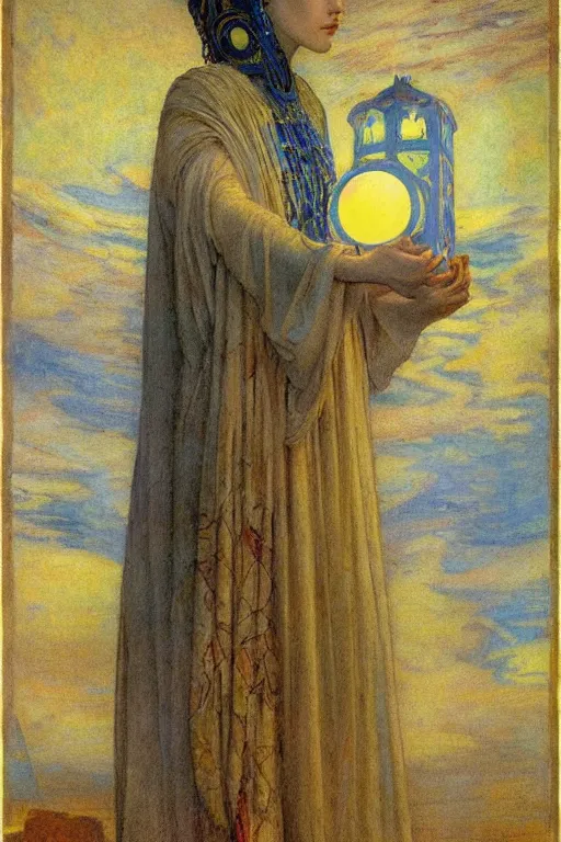 Prompt: queen of the dawn with her lantern, by Annie Swynnerton and Nicholas Roerich and jean delville, dramatic cinematic lighting , ornate headdress , flowing robes, lost civilizations, extremely detailed