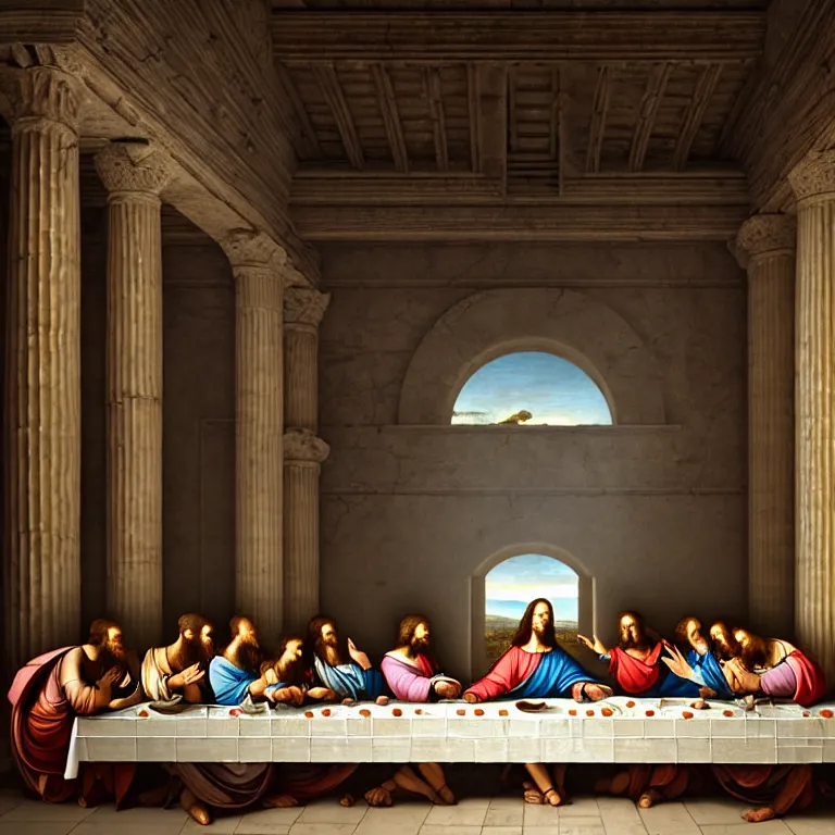 Image similar to The last supper in ancient Greek temple, dream-like atmosphere, symmetrical baroque painting, perfect composition, beautiful detailed intricate insanely detailed octane render trending on Artstation, 8K artistic photography, photorealistic, soft natural volumetric cinematic perfect light, chiaroscuro, award-winning photograph, masterpiece, Raphael, Caravaggio, Greg Rutkowski, Beeple