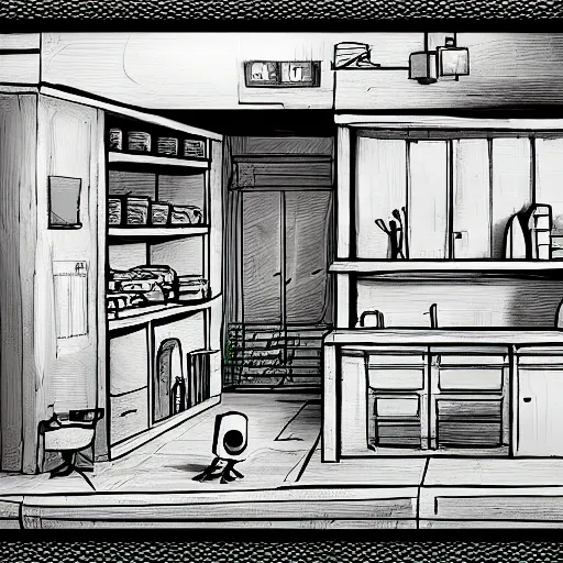 Prompt: storage lab concept art inspired by the game little nightmares and limbo